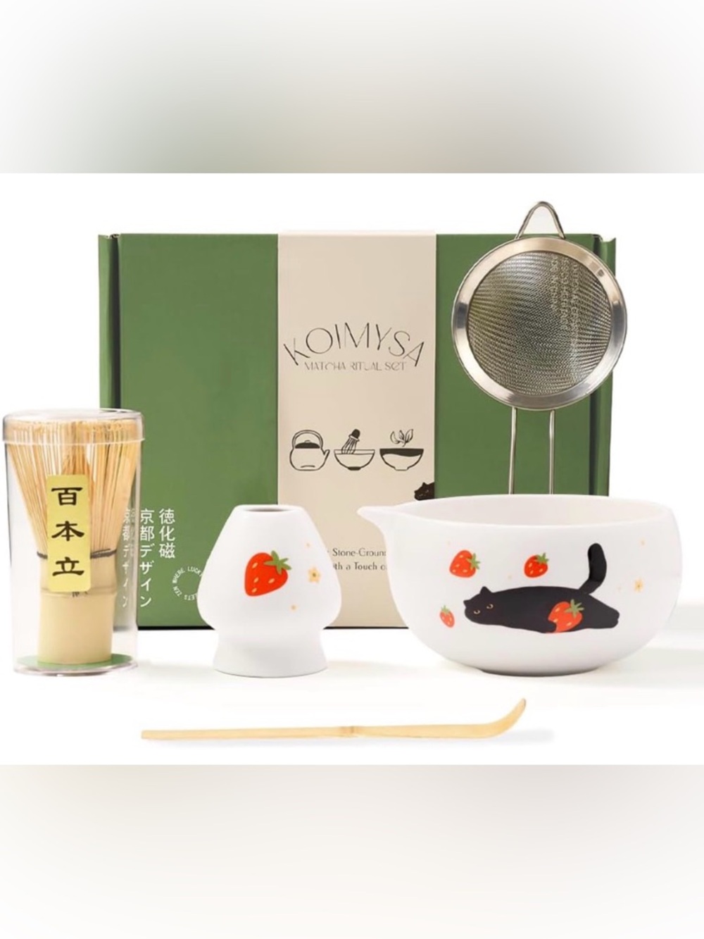 Cute Matcha Whisk Set with Cat and Strawberry Pattern Matt Matcha Bowl